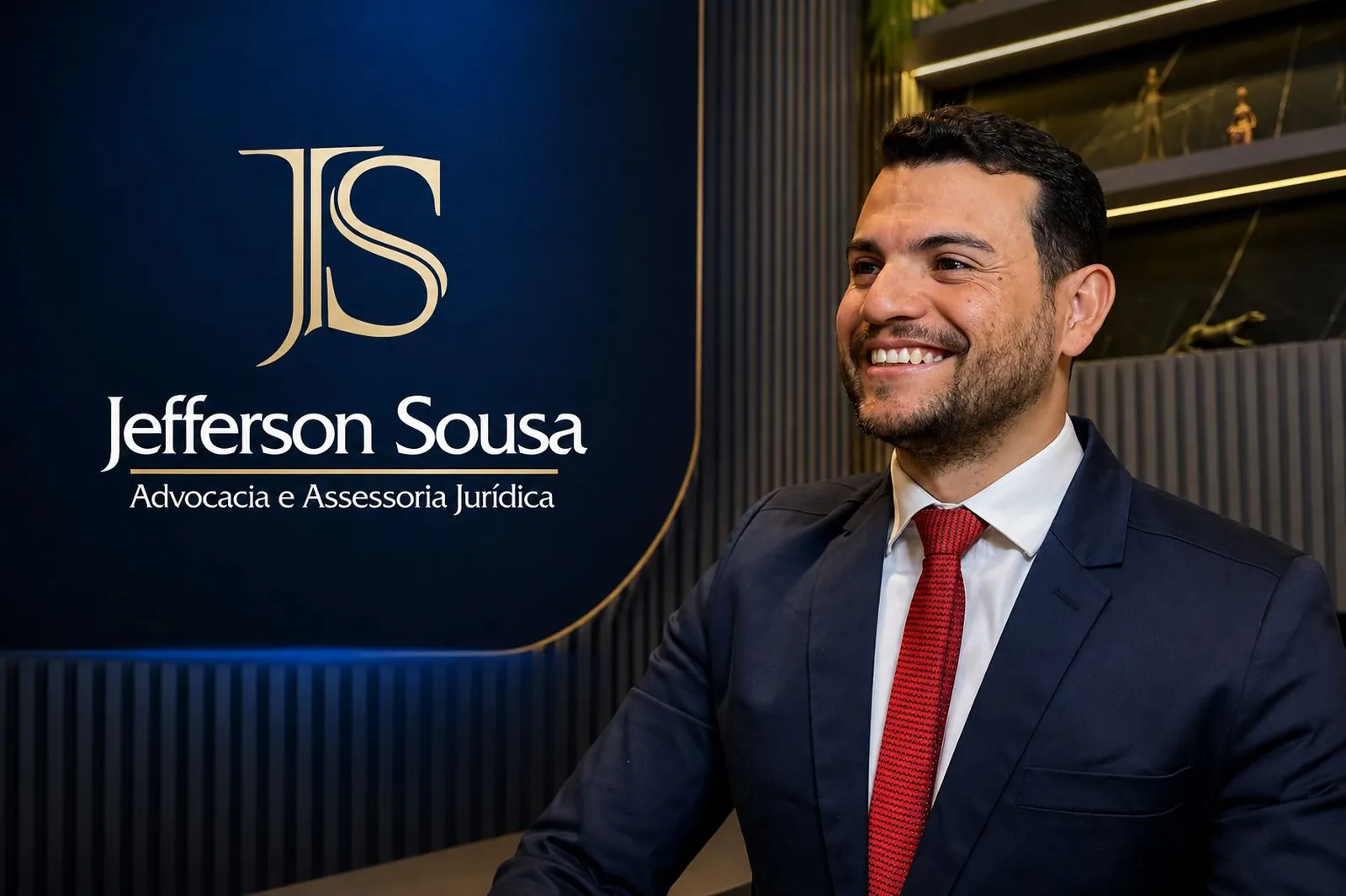 O advogado Jefferson Sousa no escritório, em frente à marca Jefferson Sousa Advocacia e Assessoria Jurídica